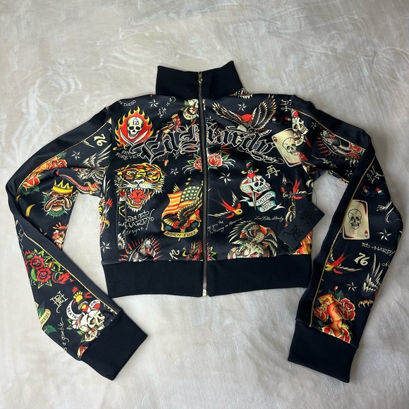 New ED HARDY SHRUNKEN CROPPED FLASHBOARD BLACK TRACK JACKET -WOMENS SMALL - Picture 14 of 14